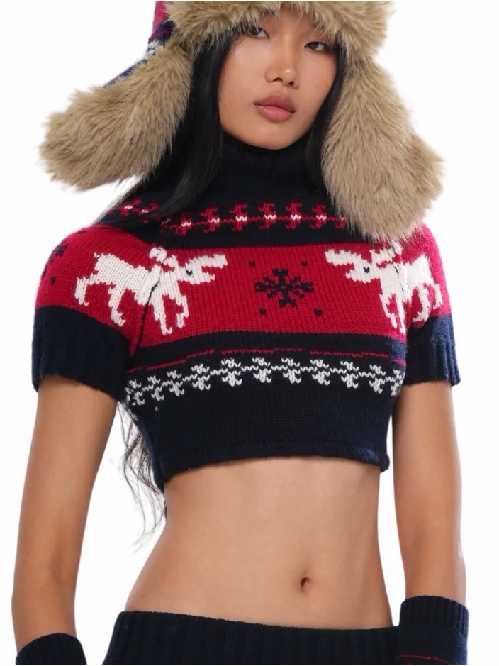 Reindeer Jacquard Turtleneck Crop Sweater In Navy And Red — image 6 of 6